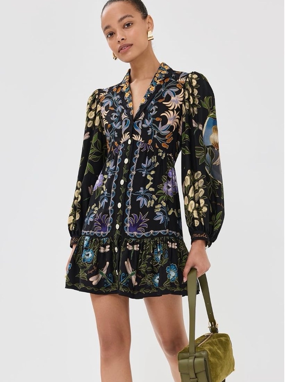 FARM Rio Black Floral Button-Front Mini Dress with Multicolor Blooms